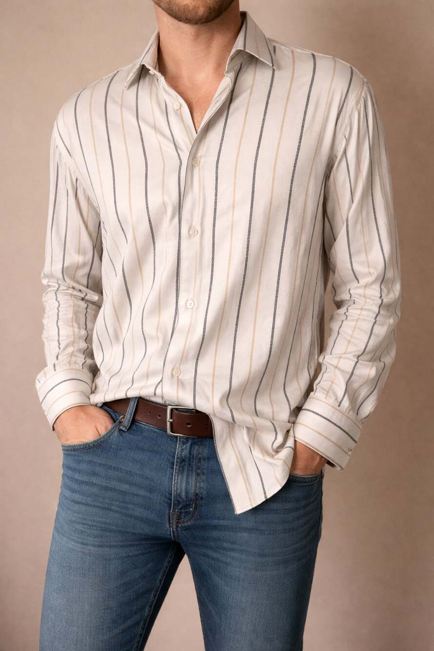 Steven Land Men's White Cotton Greek Key Stripe Dress Shirt